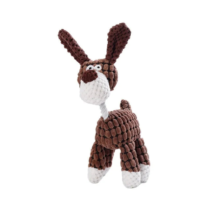 Plush puppy toy in animal designs like donkey, duck, and elephant with squeaker for teething relief