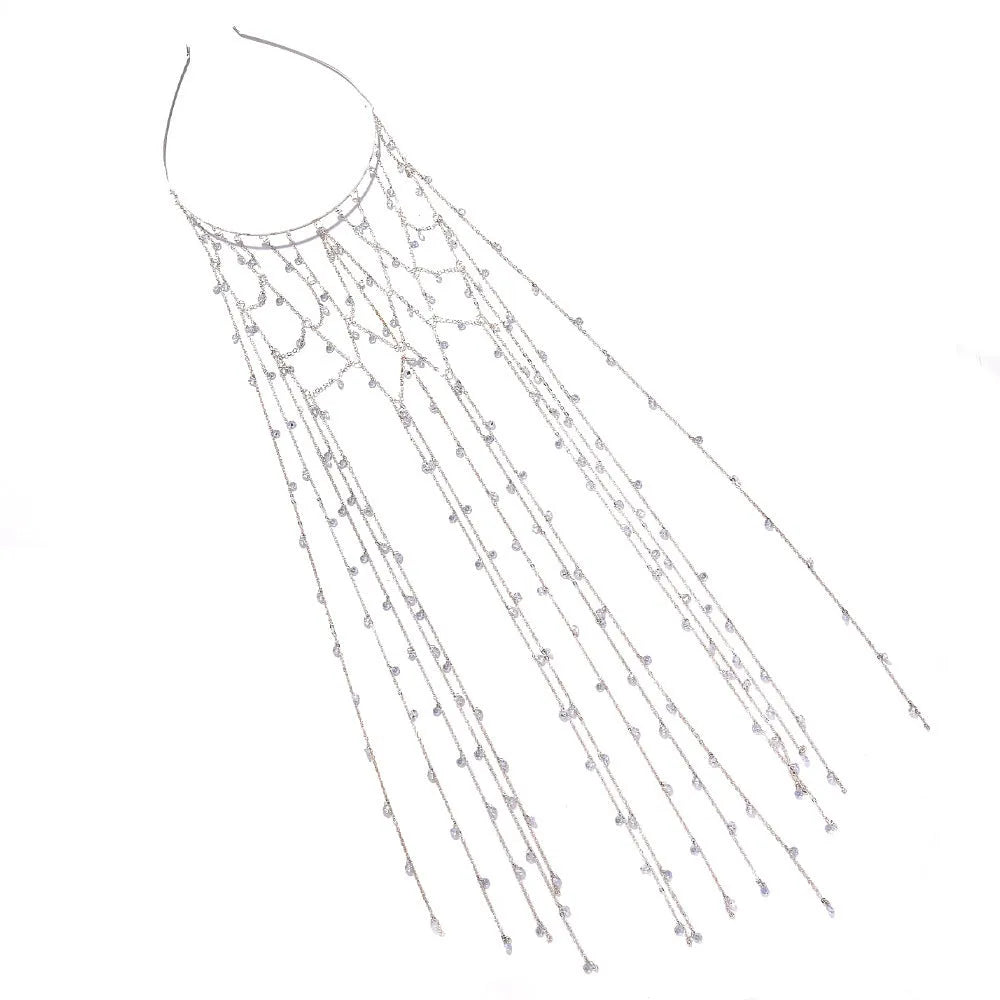 Gold electroplated mesh tassel rhinestone headband hair accessory