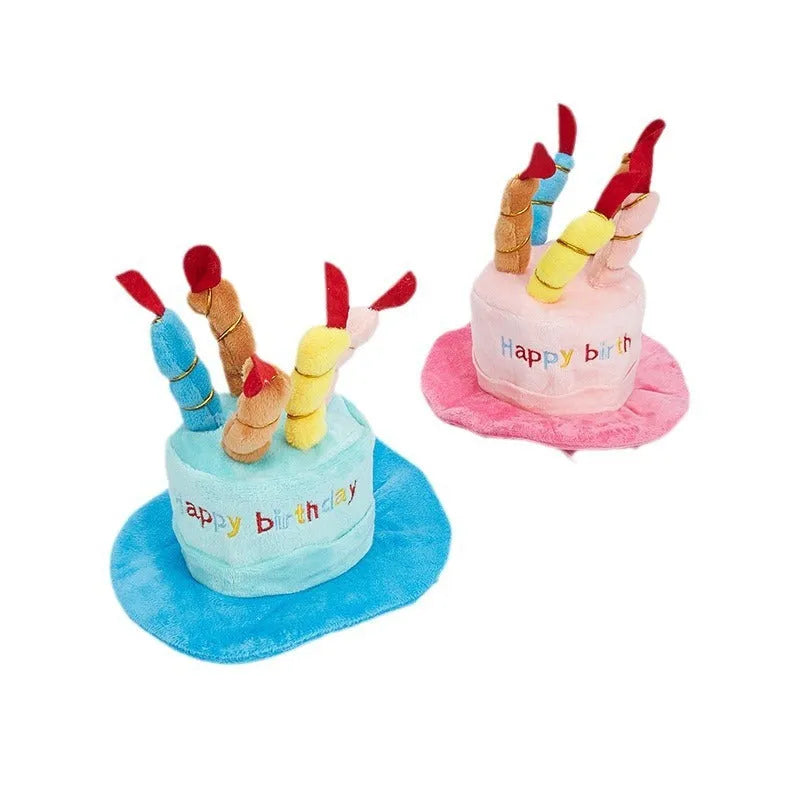Blue and pink dog birthday hat toy showing 21x15x6.5cm dimensions for pet celebrations