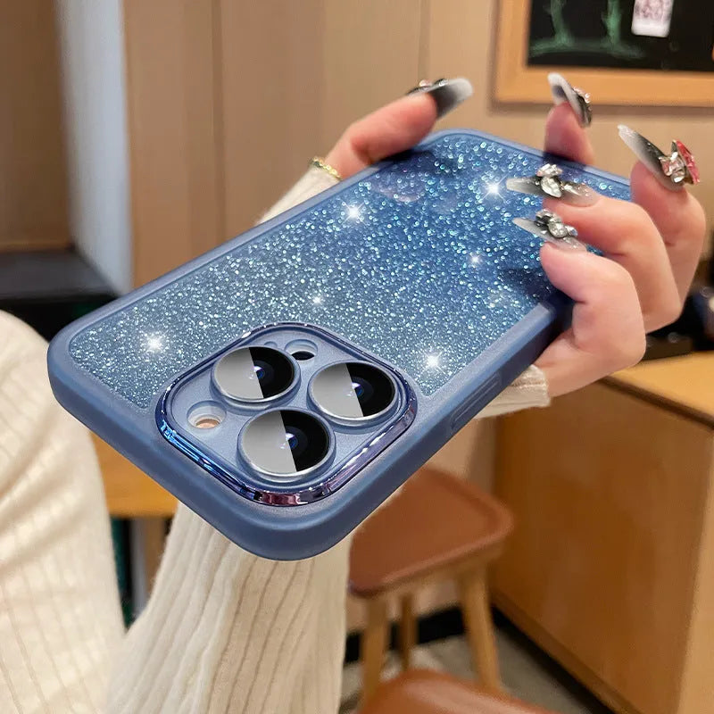 Transparent glitter phone case for iPhone with gradient colours and magnetic suction function