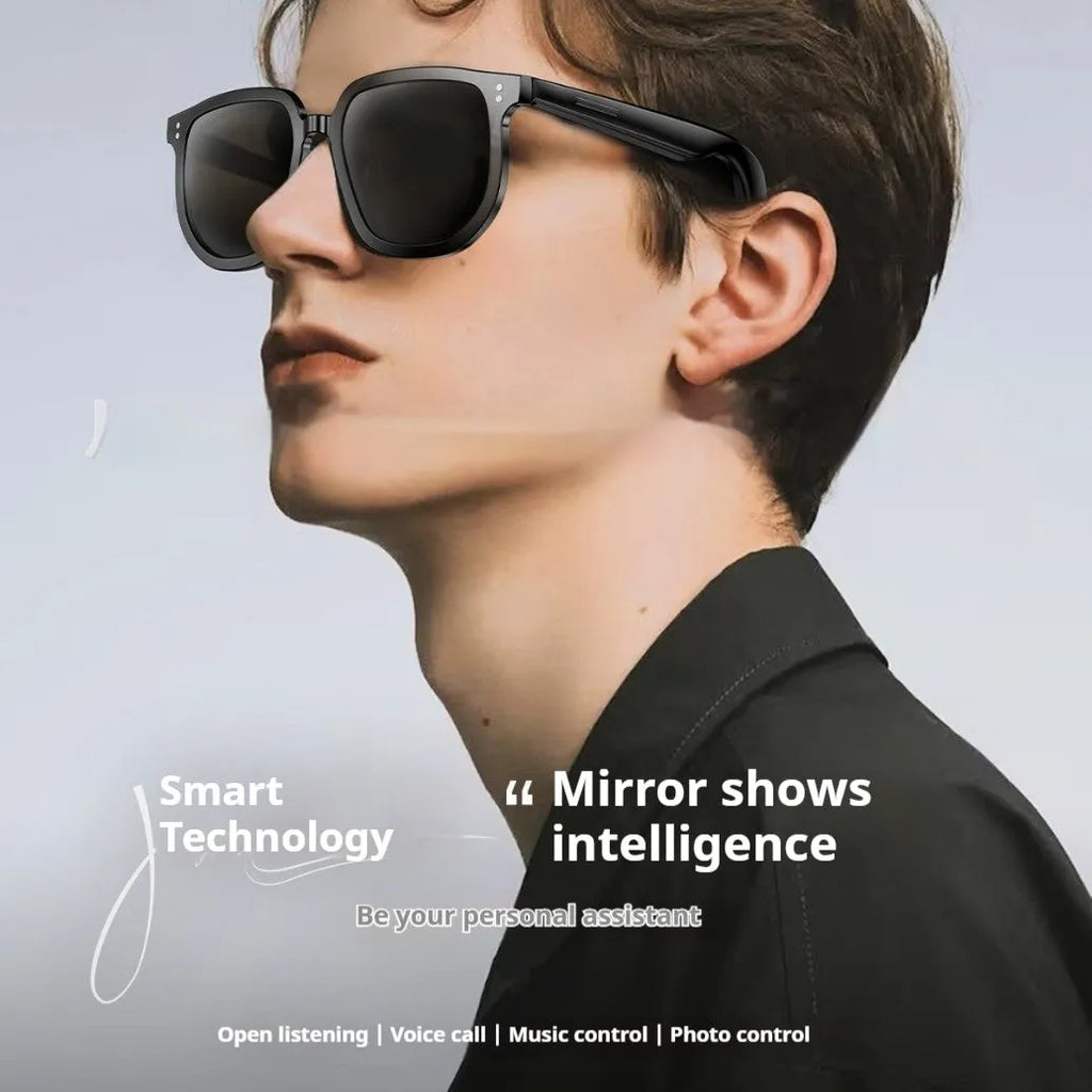 Black AI smart glasses with Bluetooth audio, anti-blue light lenses, and touch control on temple for hands-free calling