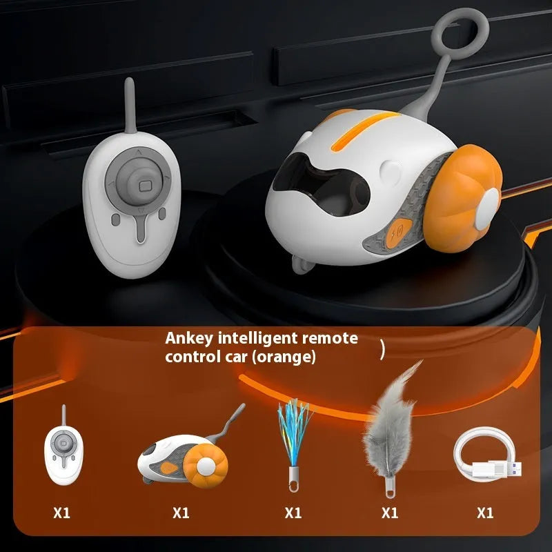 Blue and orange remote control cat teaser toy with feather attachment and flashing lights
