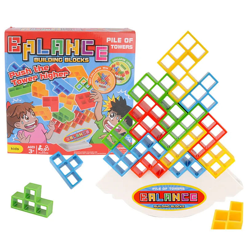 Plastic balance stacking game with 16 coloured blocks on 26.5cm square chassis for family play