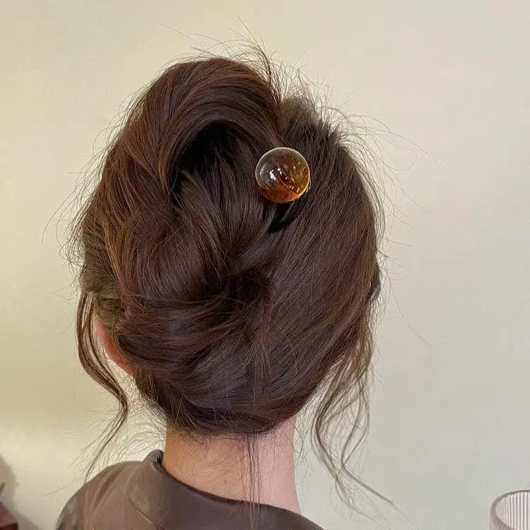 Ball retro U-shaped hair pin barrettes in acrylic with beige, caramel, dark grey, and green colour options