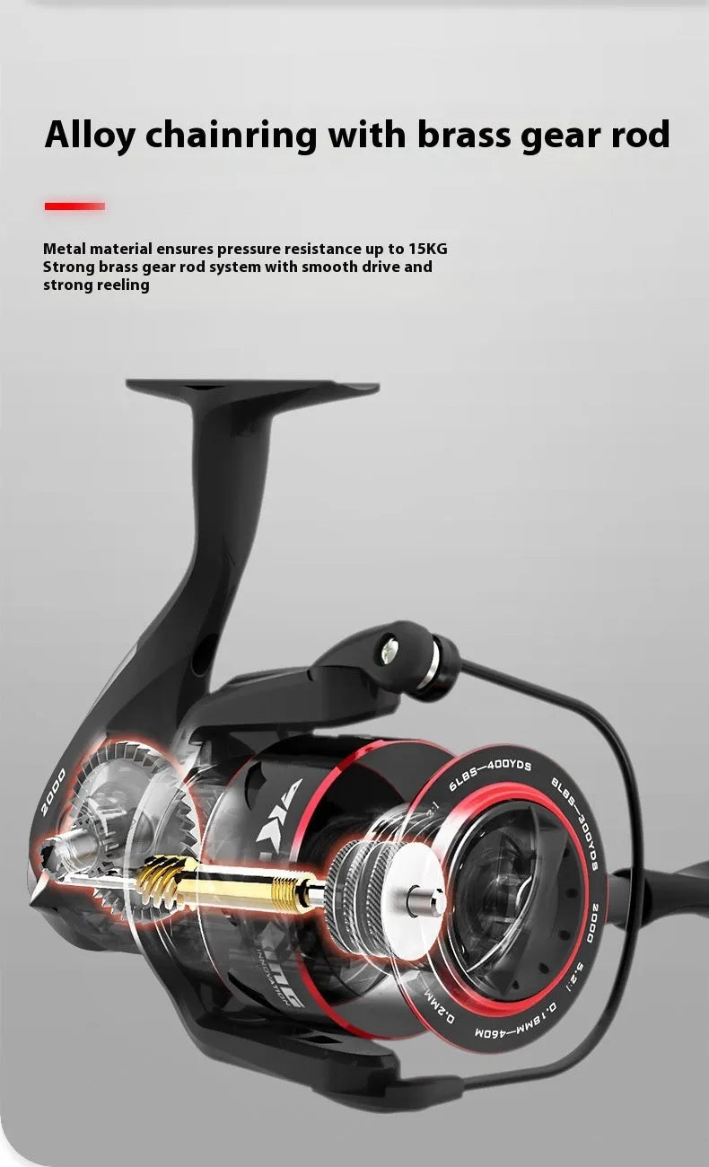 All-metal spinning fishing reel with collapsed telescopic rod showing four series size options