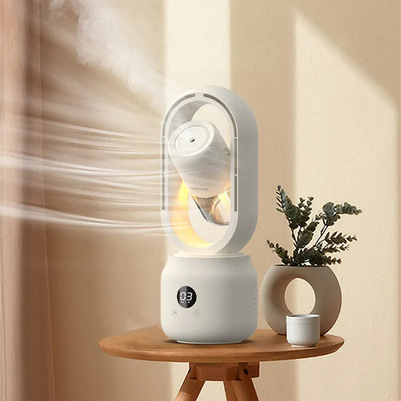 White bladeless USB rechargeable table fan with humidifier tank and control display