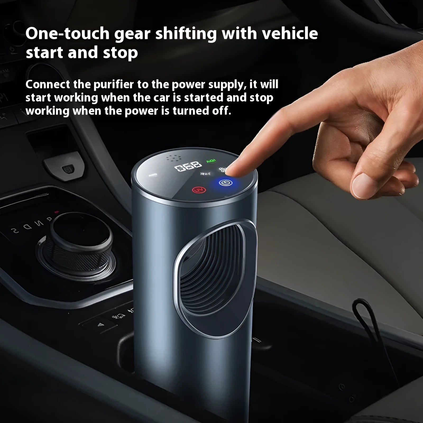Black smart car air purifier for formaldehyde removal and ion generation, with USB cable.