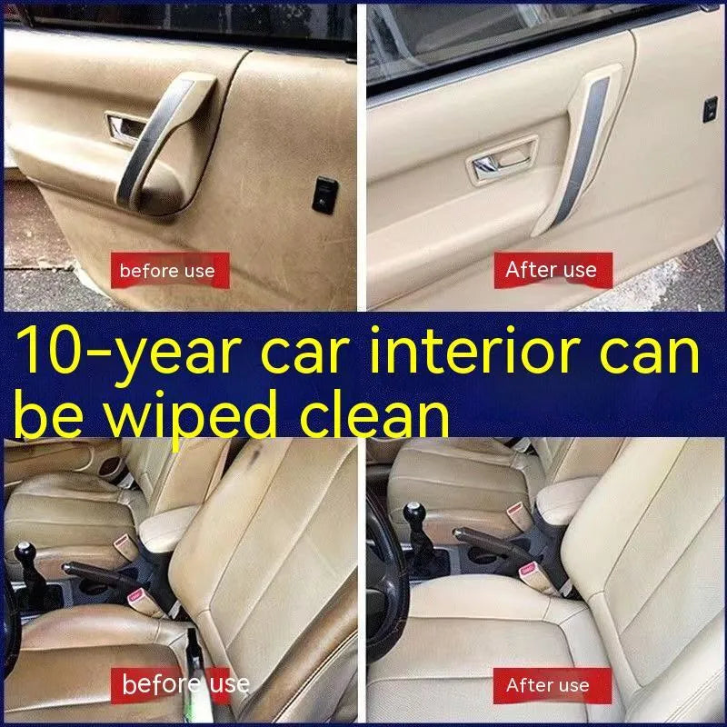 Bottle of enzyme-based fabric ceiling cleaner with towel and sponge wipes on a car roof