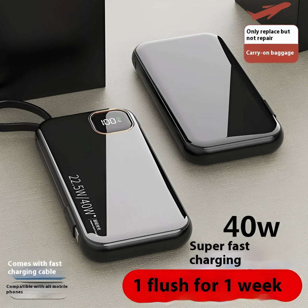 Black portable power bank with integrated charging cable, showing compact size and industrial design.