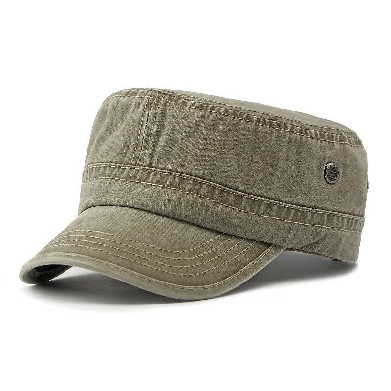 Adjustable flat top military cap in cotton fabric showing four colour options