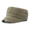 Adjustable flat top military cap in cotton fabric showing four colour options