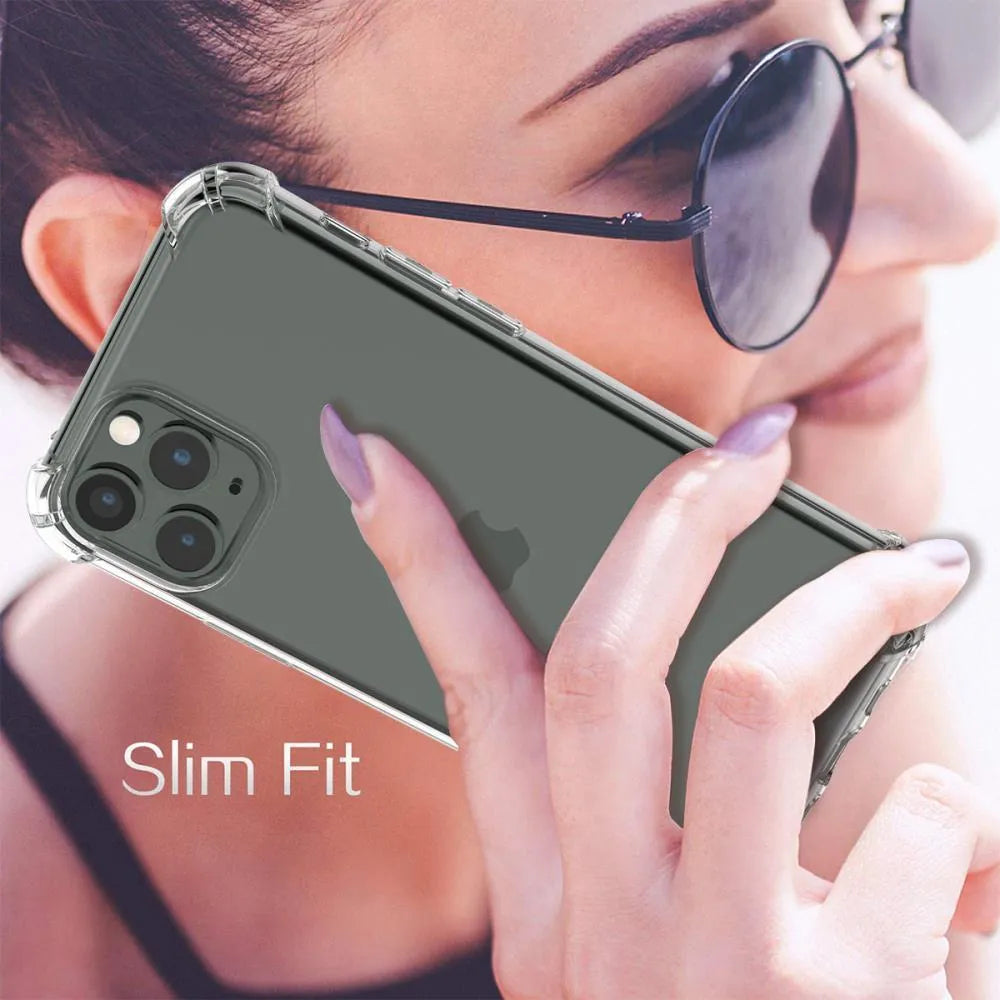 Clear shockproof TPU case for iPhone showing transparent design fitting multiple Apple models