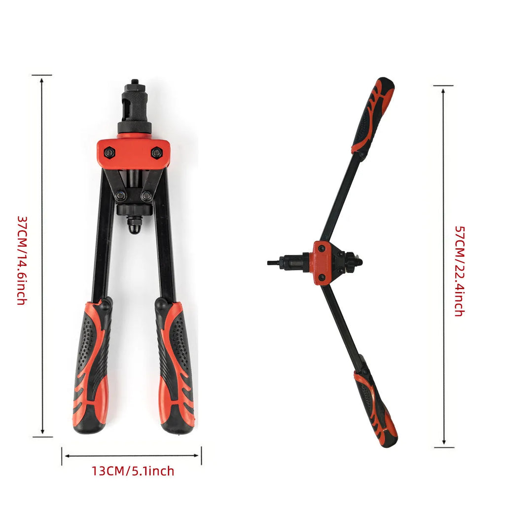 CQ14 model 14-inch manual rivet nut pull-setter tool with six interchangeable M3 to M10 tips on a workshop bench.
