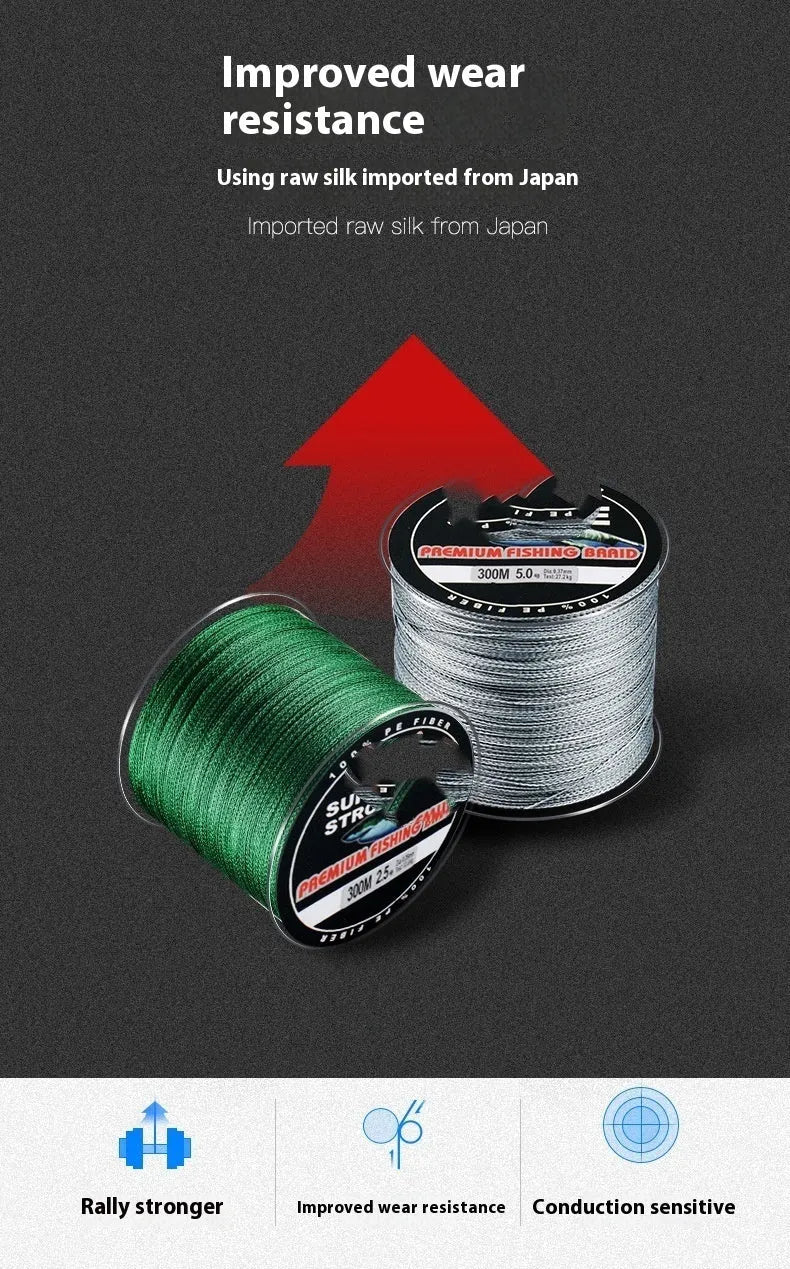 300 metre PE fishing line reel with 4-section design showing multiple colour options