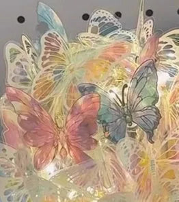 Handmade butterfly night lamp with glass shade on raw wood base, 12x15cm dimensions