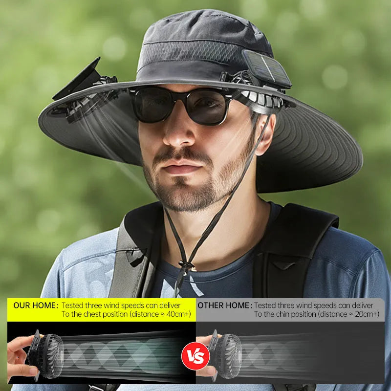 Men's solar-powered fan hat for fishing in khaki colour with integrated cooling fan.