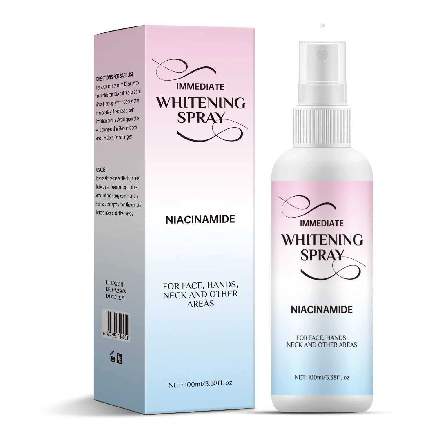Whitening spray bottle with 100ml capacity, sweat-proof formula for brightening skin, compact size for easy storage.