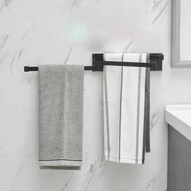 Black folding towel bar with non-perforated installation for bathrooms
