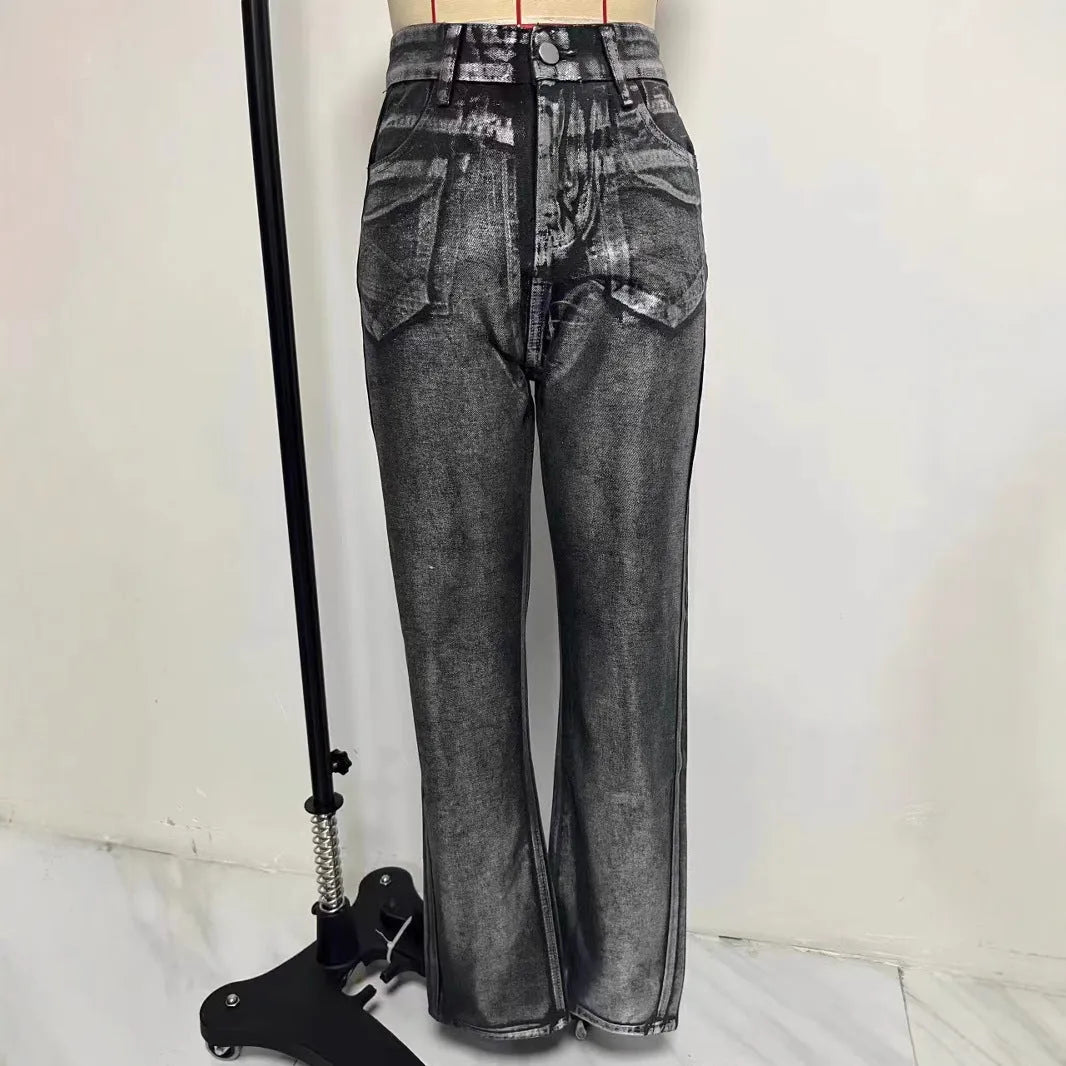 High waisted straight leg blue denim jeans with contrast stitching on a model.