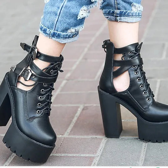 Women's chunky heel short boots with back zipper and lace-up detail, faux leather, white or black