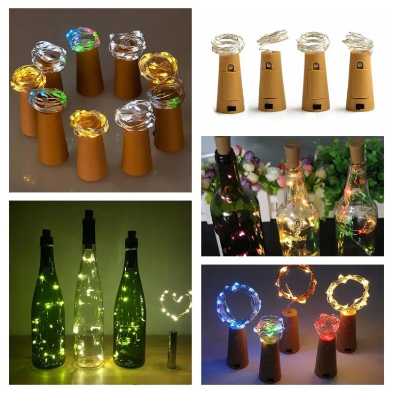 Bendable copper wire LED string lights wrapped around a wine bottle with 20 warm white LEDs glowing