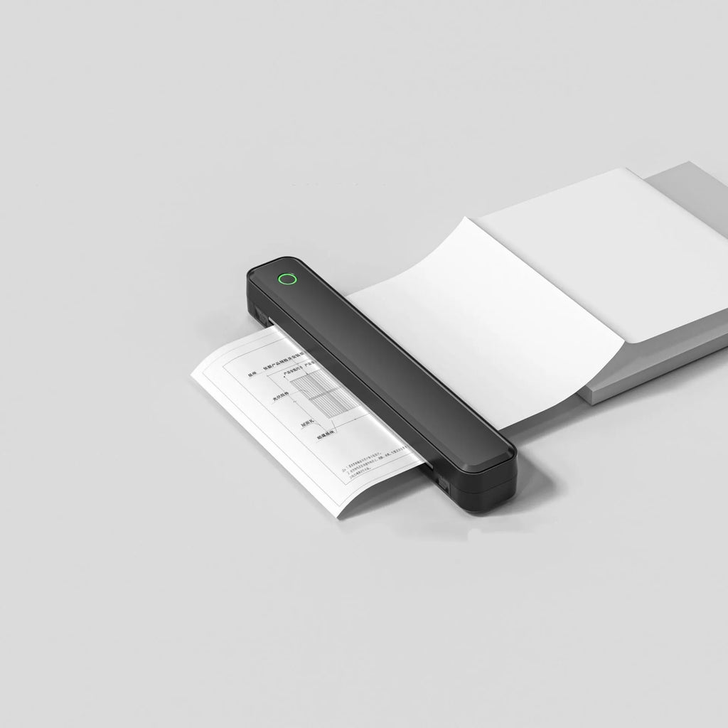 Compact thermal printer with Bluetooth connectivity for mobile drawing printing, available in black or white, dimensions 295x55x41mm