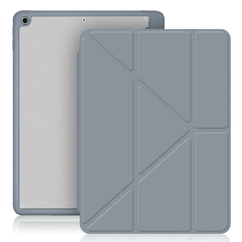 iPad acrylic Y folding protective case with pen slot in imitation leather, showing bracket function