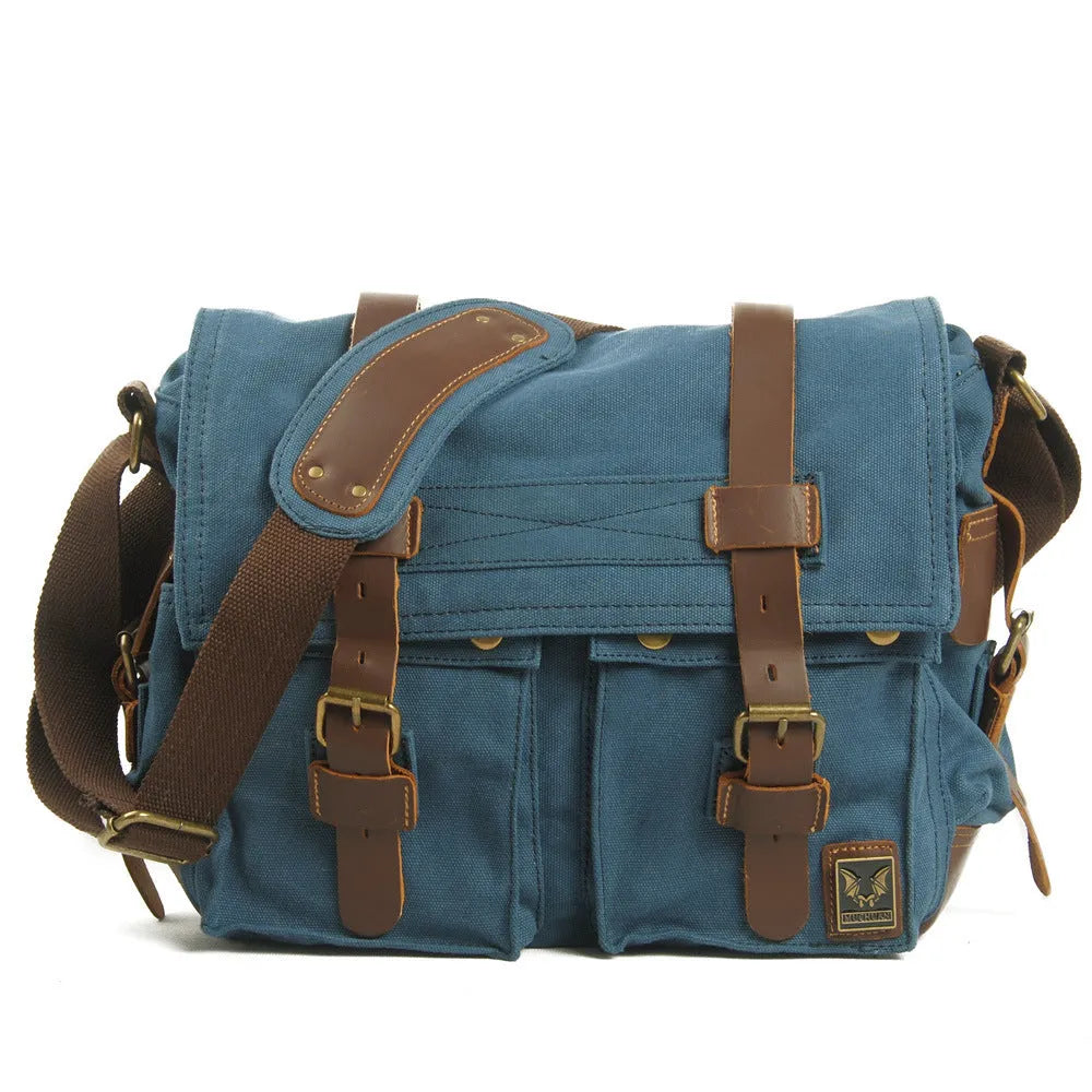 Men's canvas crossbody shoulder bag in Army Green with cowhide accents, showing internal compartments and flap design