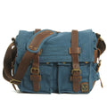 Men's canvas crossbody shoulder bag in Army Green with cowhide accents, showing internal compartments and flap design
