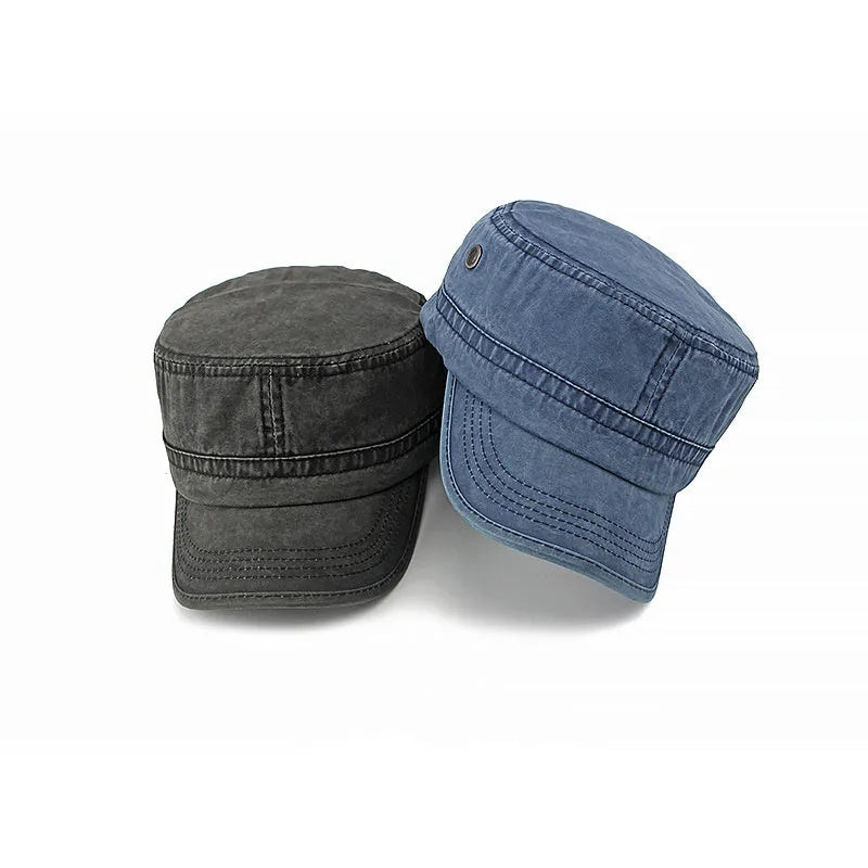 Adjustable flat top military cap in cotton fabric showing four colour options