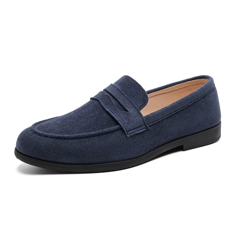 Men's square toe slip-on loafers in black velvet, dark blue, or dark brown, with low 1-3cm heel and platform sole.