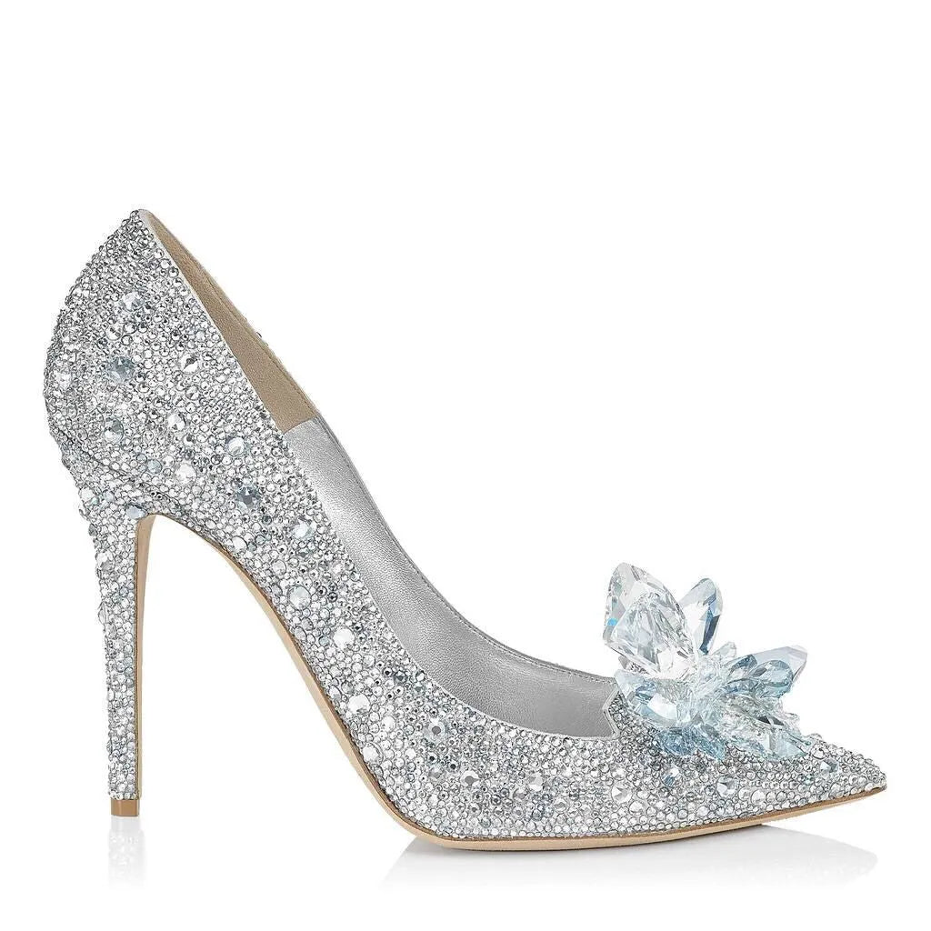 Women's gold pointed toe high heels with rhinestones and sequins on a 7cm stiletto heel