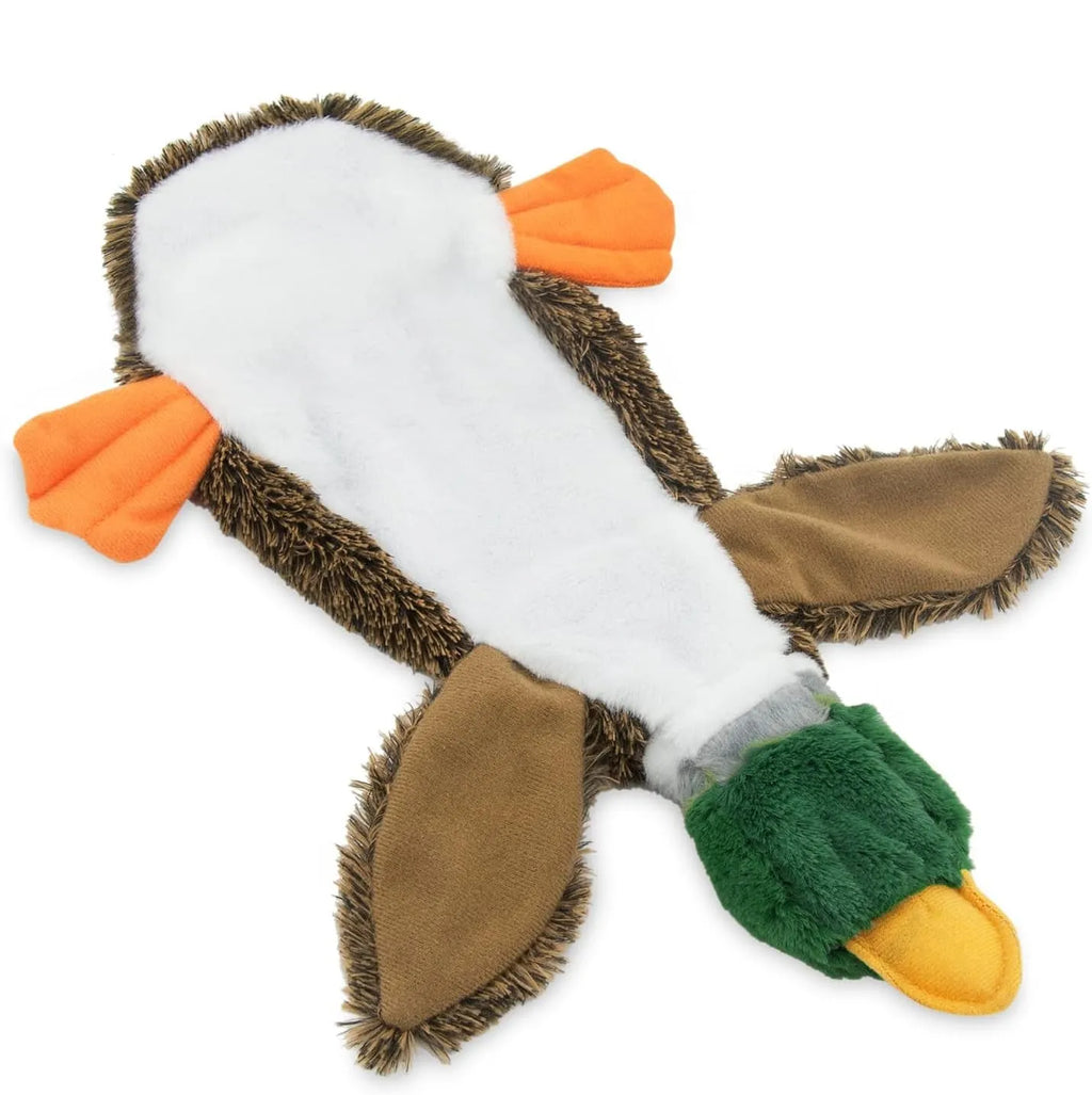 Green Wild Duck stuffless squeaky dog toy with no stuffing, showing self-fastening opening for plastic bottle.