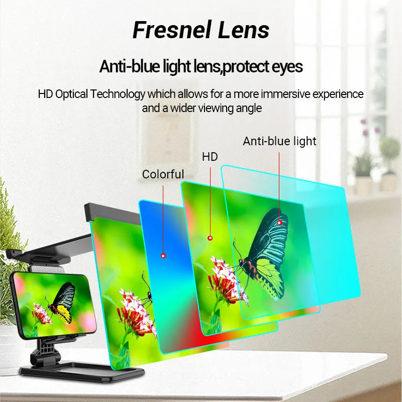 Black 12-inch mobile phone screen amplifier with detachable magnifier and phone holder in folded position
