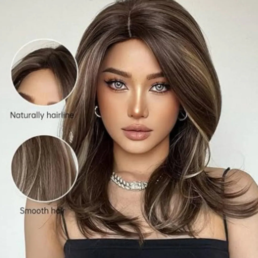 Mid-length synthetic wig with gradient colour and long curly style with bangs