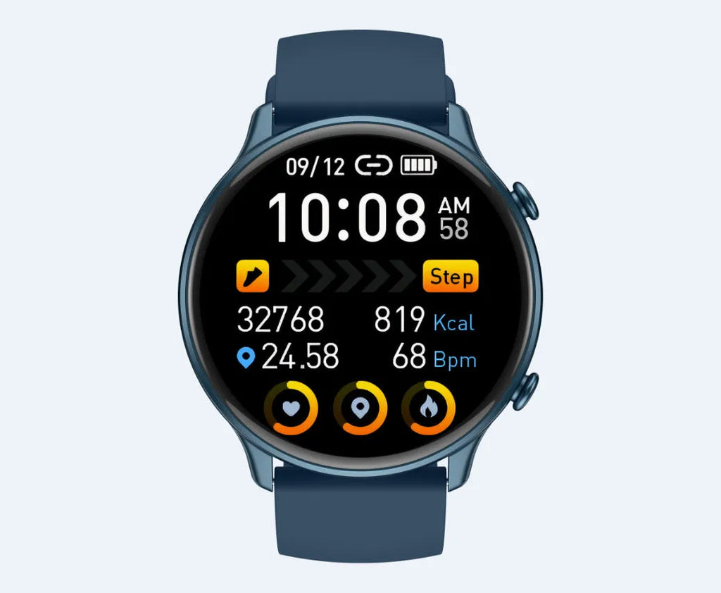 Round black smart sports watch with full touch screen and silicone strap on a wrist.