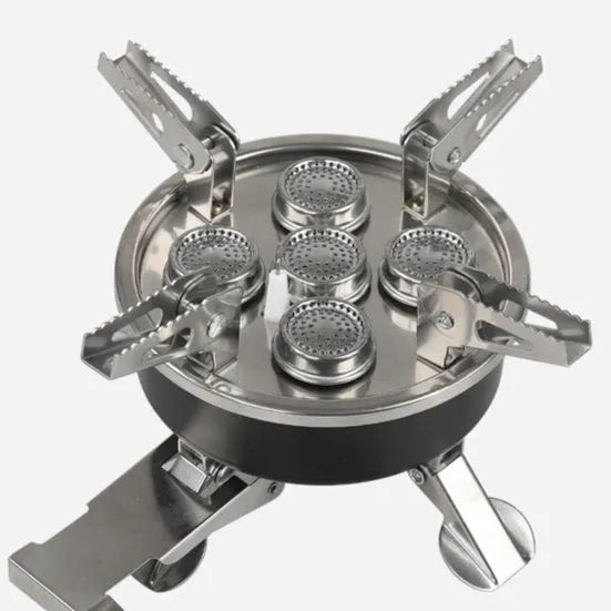 Silver foldable stainless steel split stove with 100cm hose, packed size 155x125mm