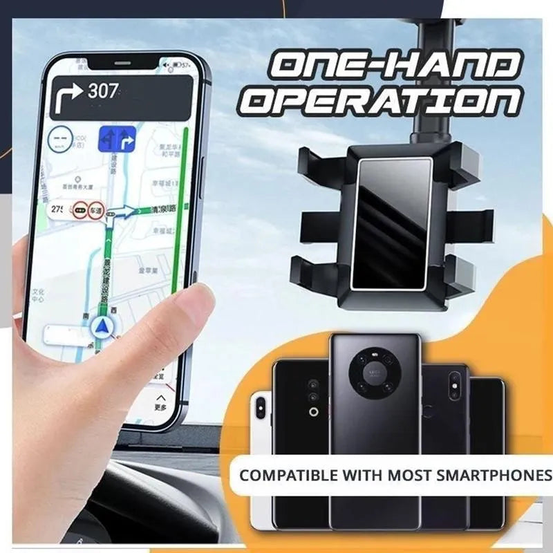 Black rearview mirror phone holder mounted on car mirror with phone in landscape orientation