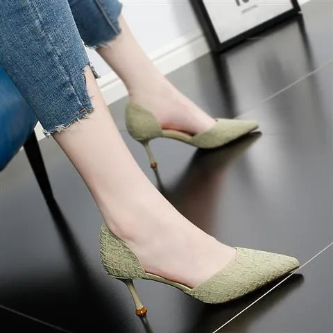 Women's black pointed toe stiletto heels with 6-8cm heel height and rubber soles