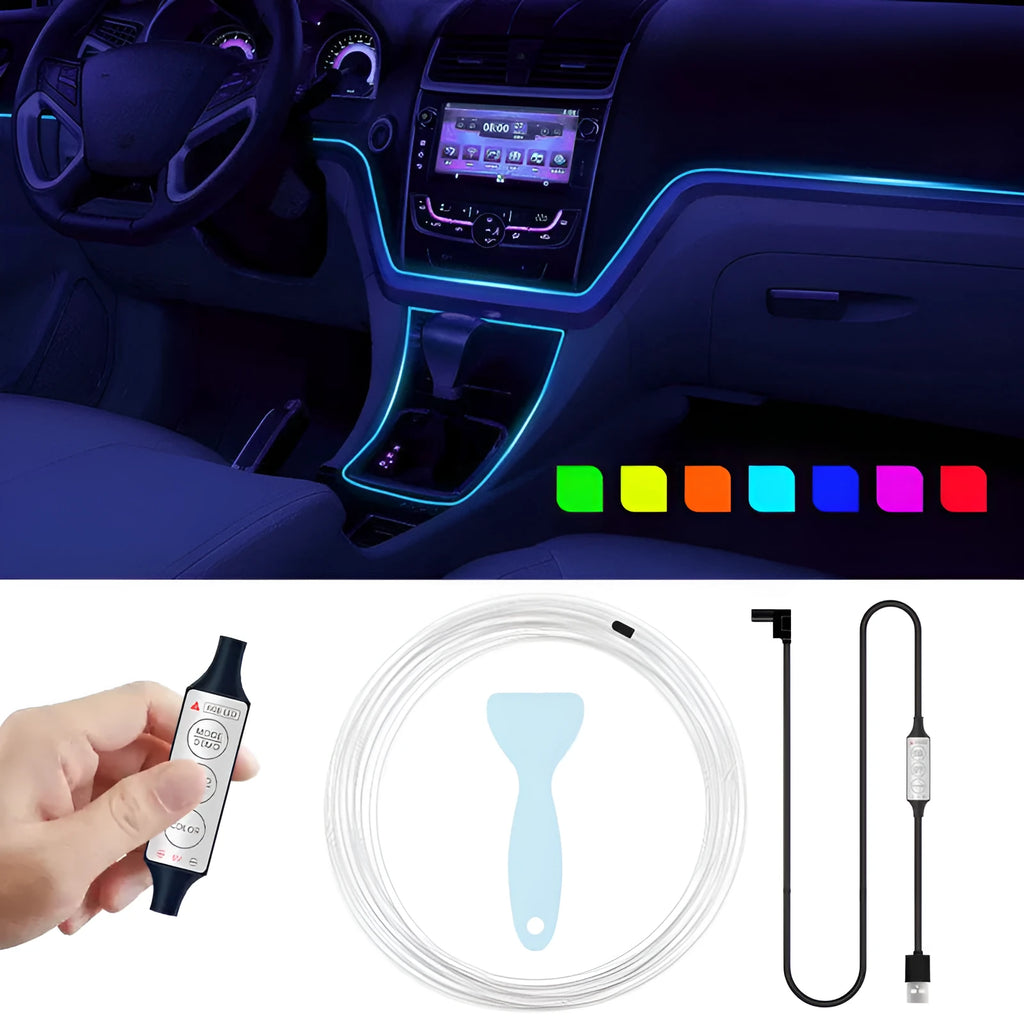 Car interior LED light strip kit with USB wireless RGB illumination and manual control interface