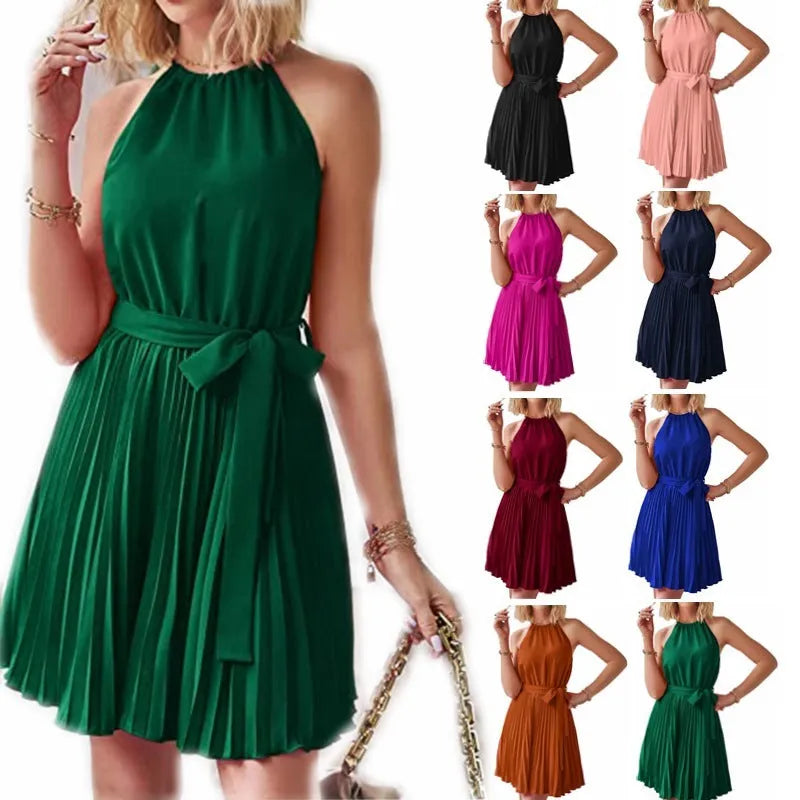 Women's halter strapless dress with pleated chiffon skirt and adjustable waist belt in summer colours