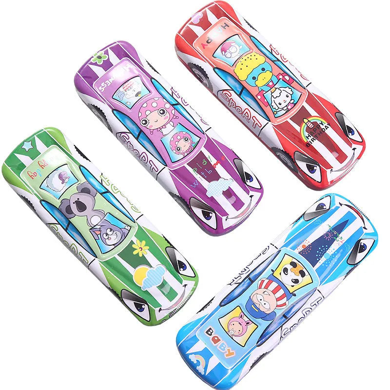 Tinplate car trolley double-layer stationery box with cartoon pattern measuring 20cm