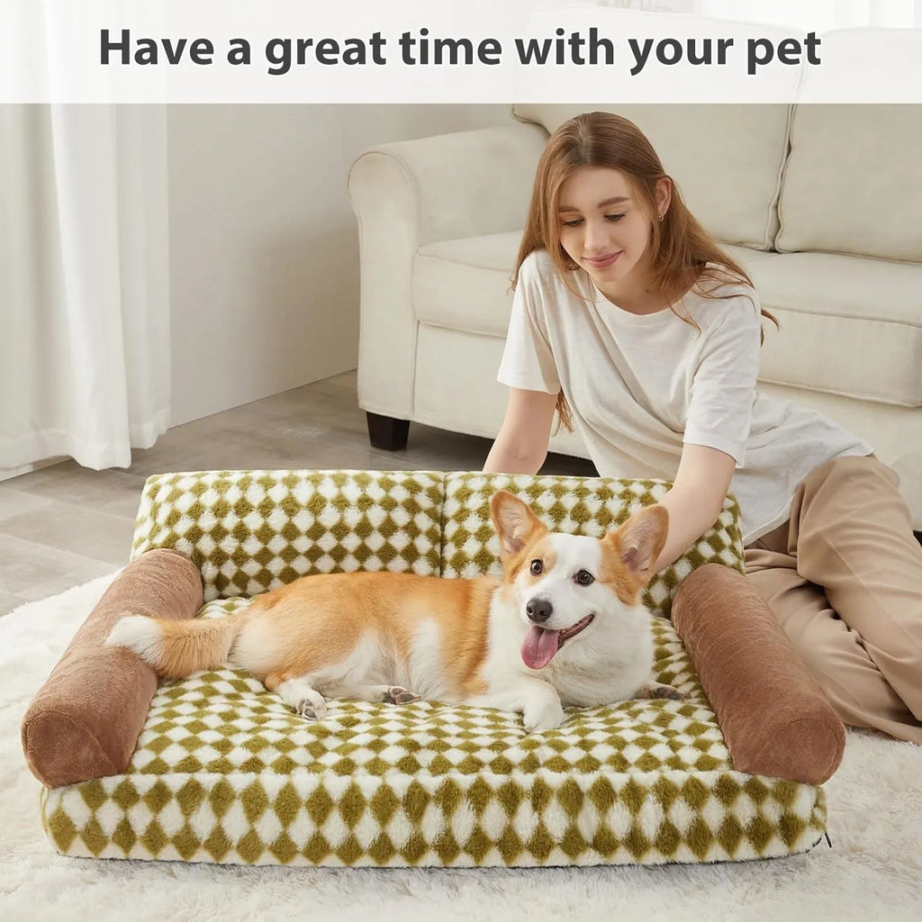 Checkered pattern pet sofa bed for small cats and dogs on a wooden floor.