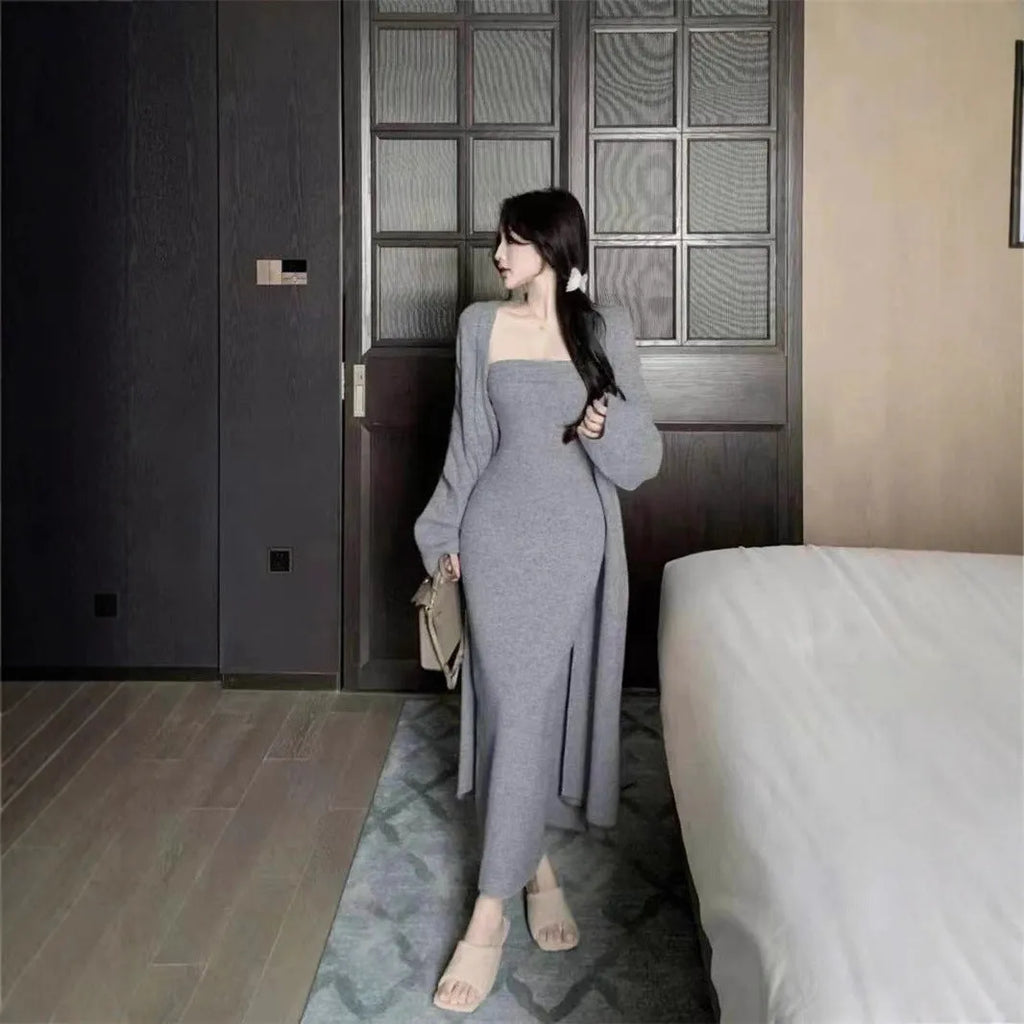 Women's knitted cardigan dress sweater suit in gray with flocking details, long skirt, and regular sleeves