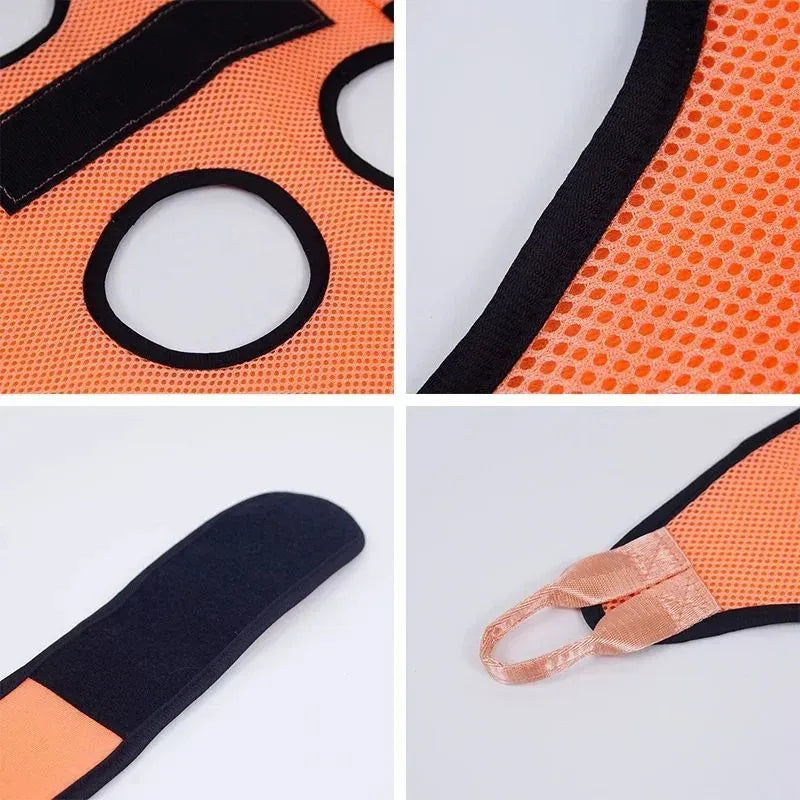 Cat grooming restraint bag with four adjustable openings hanging as a hammock