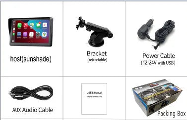 7-inch IPS car smart screen with Wireless CarPlay on windshield, showing navigation display and retractable bracket