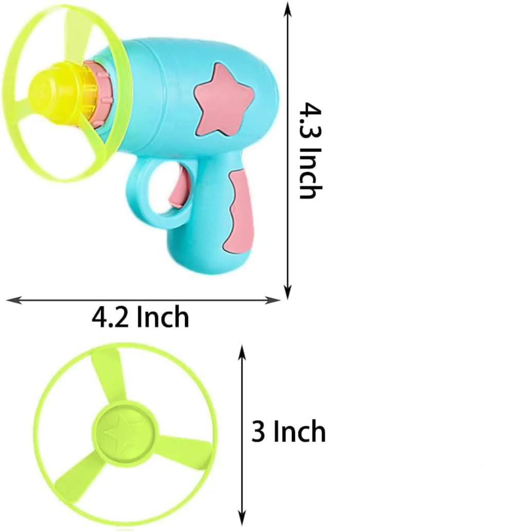 Blue and pink plastic cat toy gun with frisbee measuring 11cm long 10.5cm wide 7.5cm high