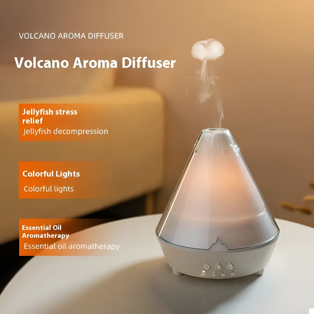 Volcano-shaped white desktop humidifier with colourful flame and smoke ring effect, USB plug-in ultrasonic aromatherapy diffuser