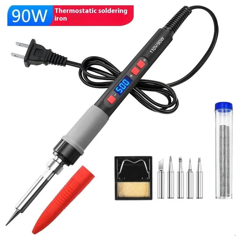 Grey 90W electric soldering iron kit with ceramic heating core and five tips