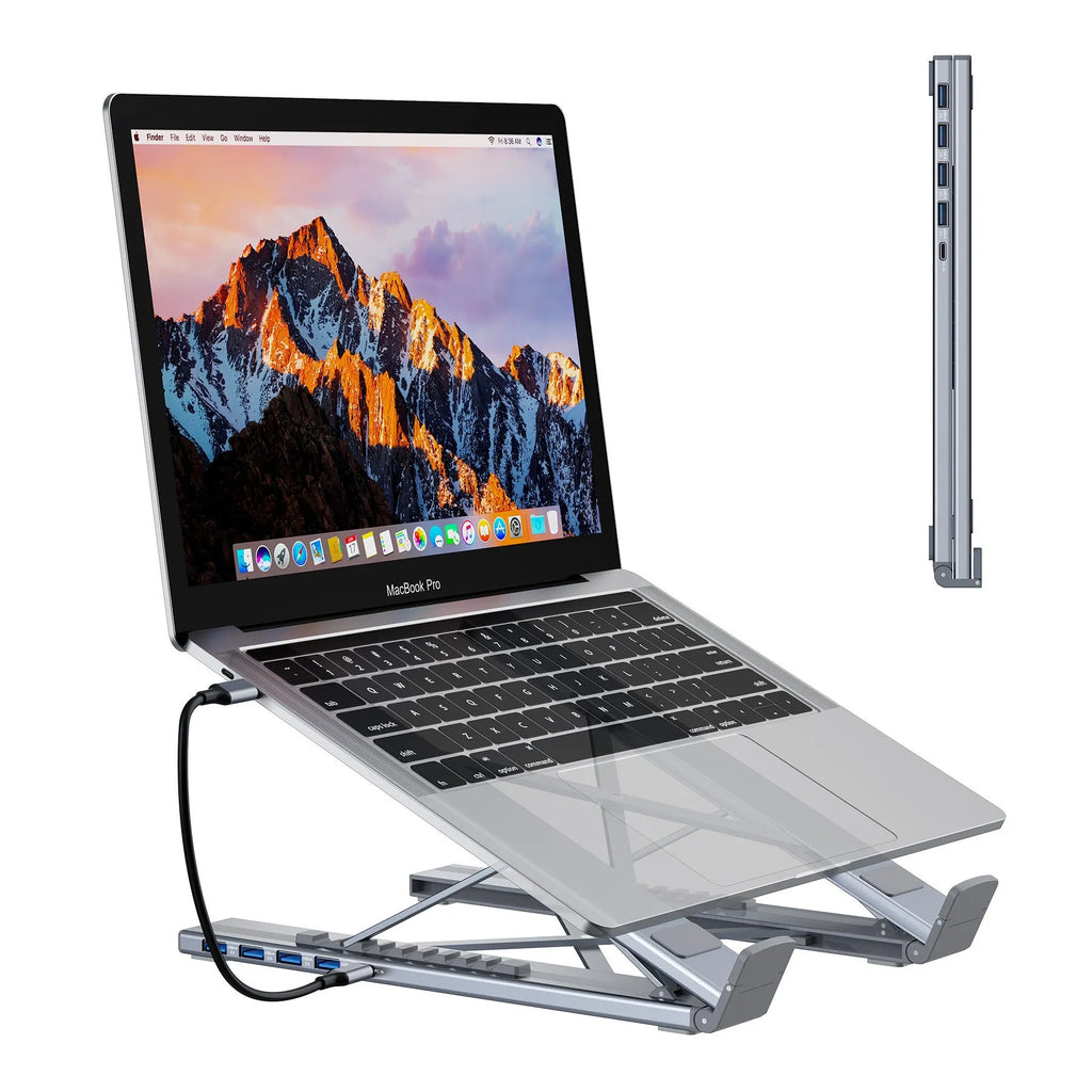 Aluminium alloy folding laptop docking station stand with 8 ports including HDMI, showing 24.75cm width and collapsed position